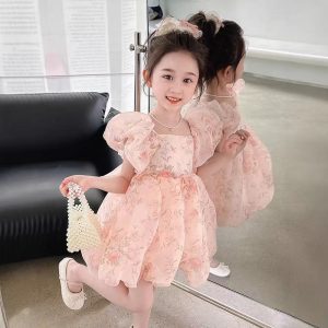 Sweet floral puff‑sleeve princess dress